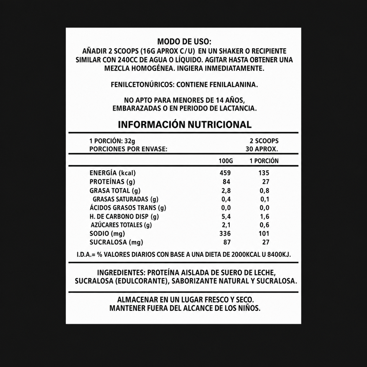 Proteína Whey Isolate Chocolate 1 kg · 27 g de Proteína · Envío Gratis
