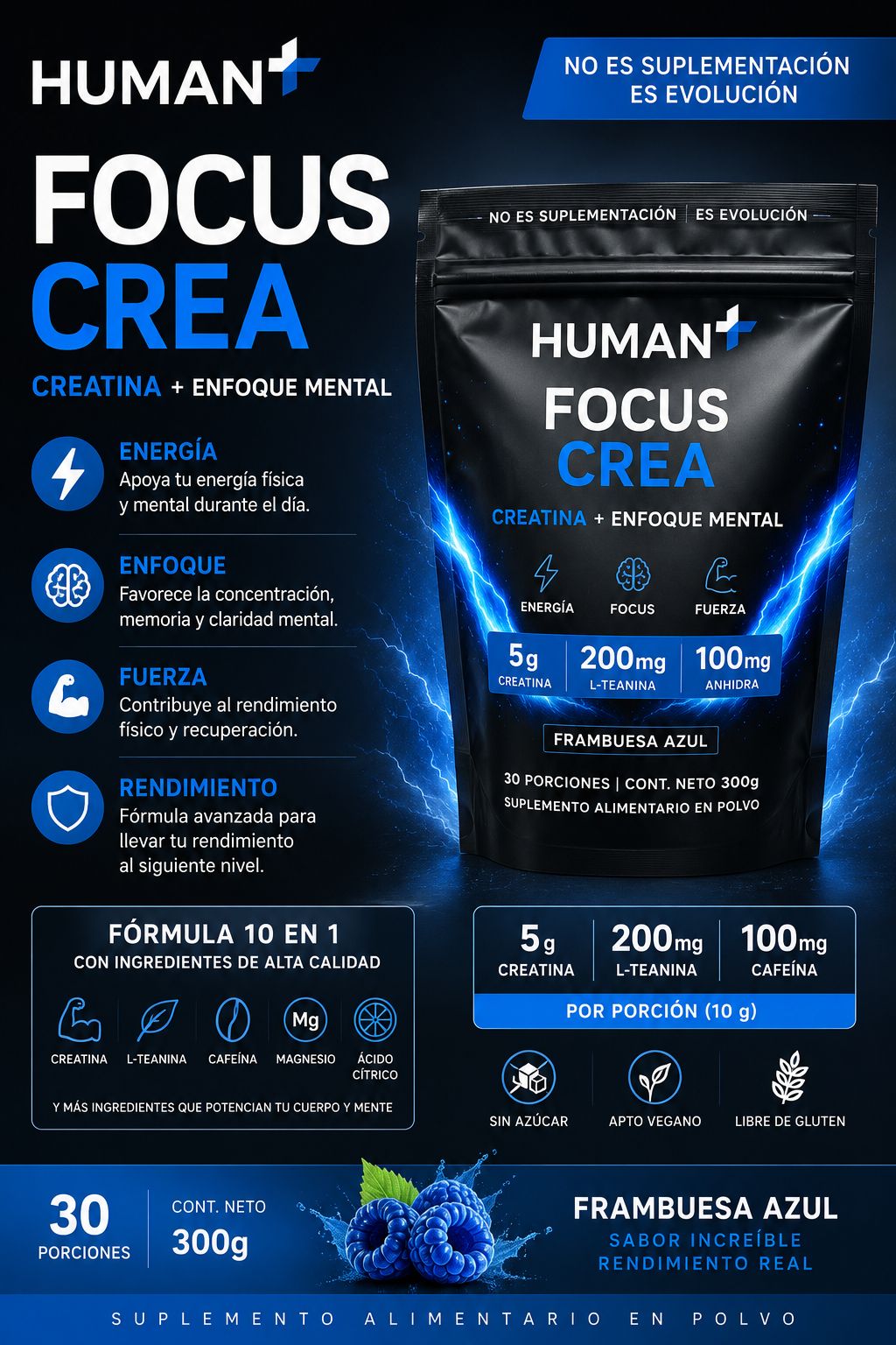 Focus Crea · Creatina + Enfoque Mental 300g · Frambuesa Azul